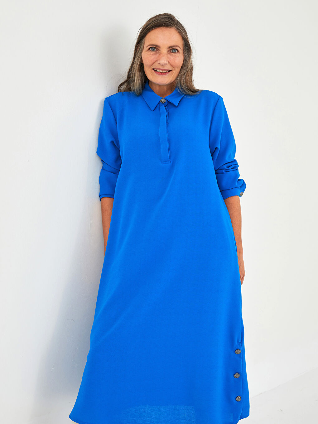 Mavi Düz Uzun Kollu Kadın Gömlek Tunik