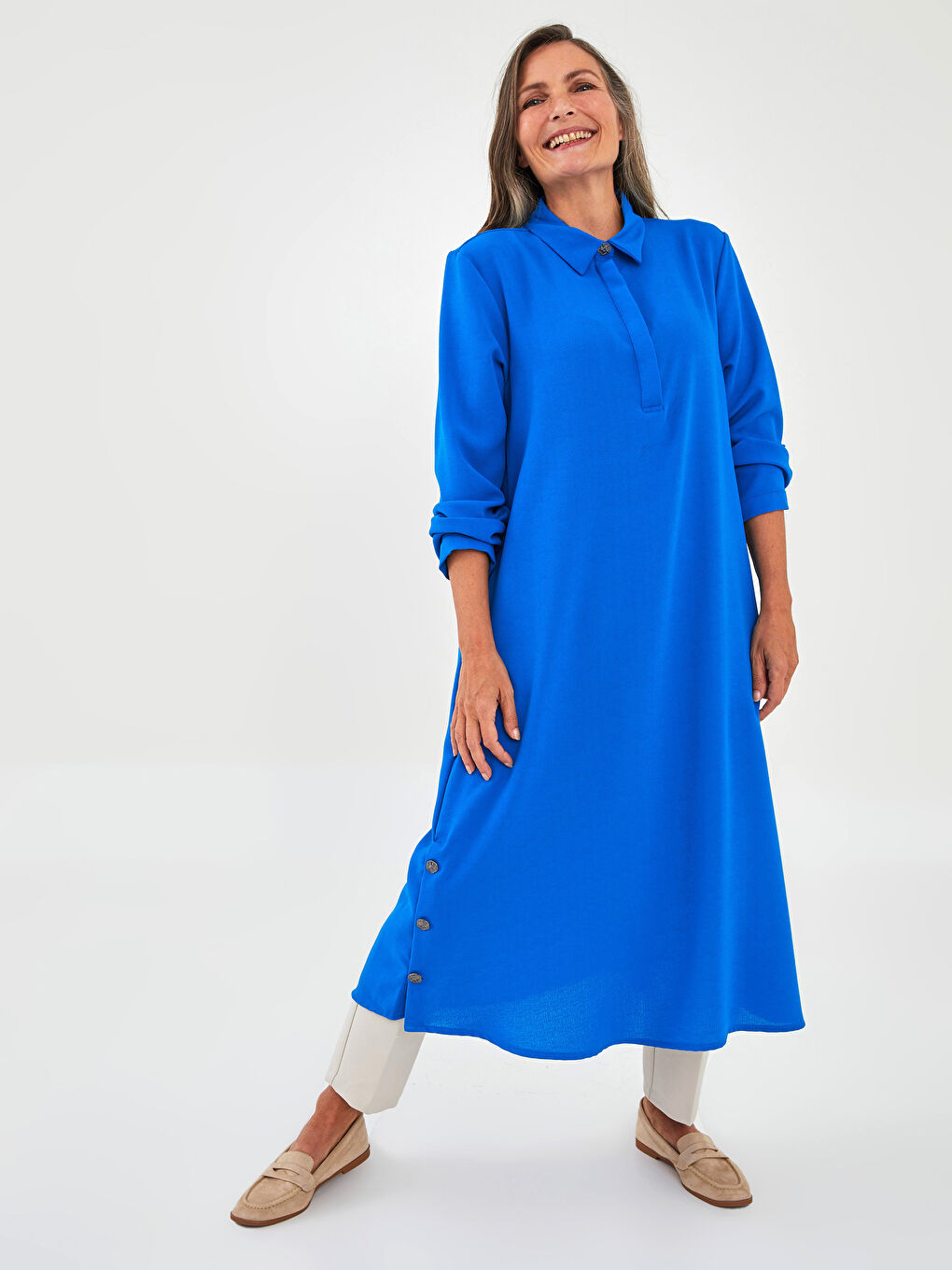 Mavi Düz Uzun Kollu Kadın Gömlek Tunik-2