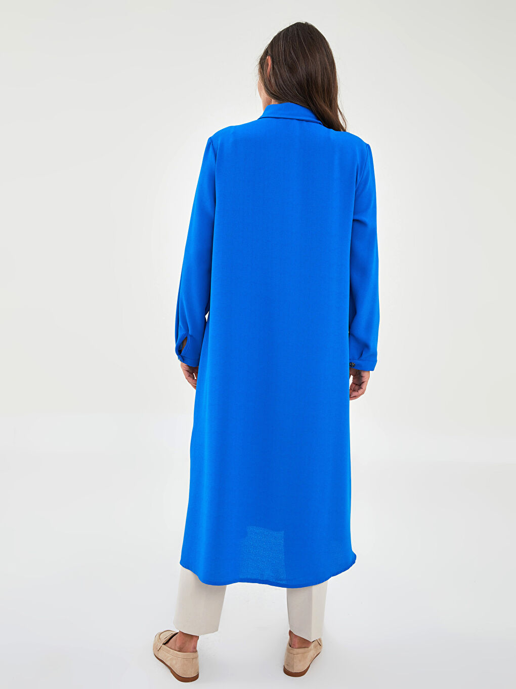 Mavi Düz Uzun Kollu Kadın Gömlek Tunik-4