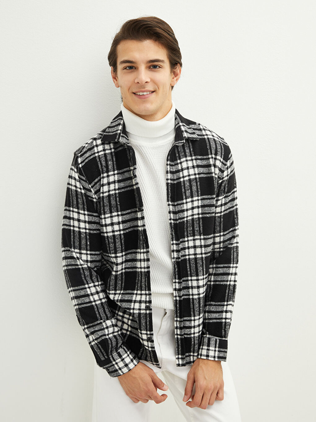 Beyaz Slim Fit Uzun Kollu Ekose Erkek Oduncu Gömlek