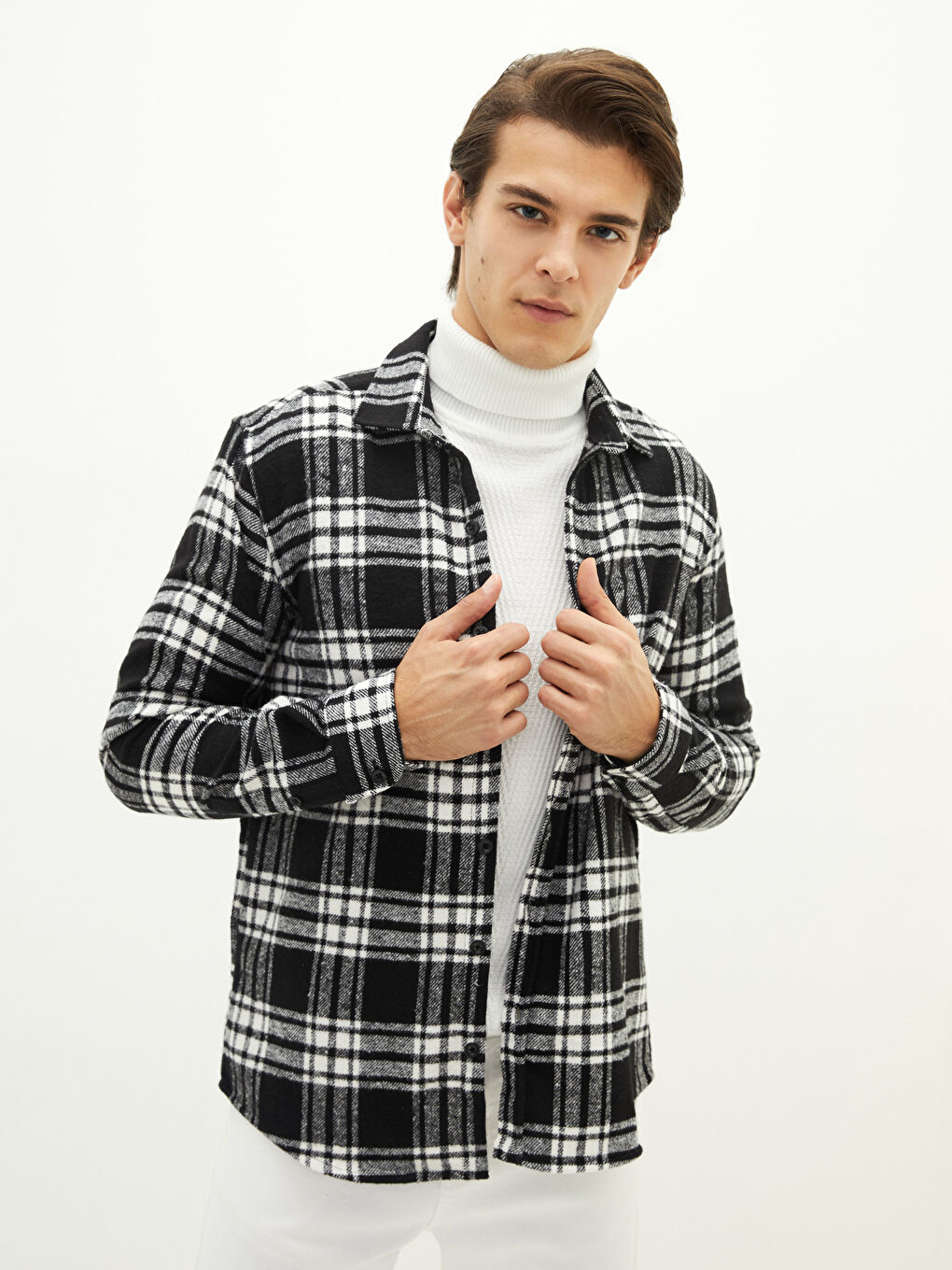 Beyaz Slim Fit Uzun Kollu Ekose Erkek Oduncu Gömlek-1