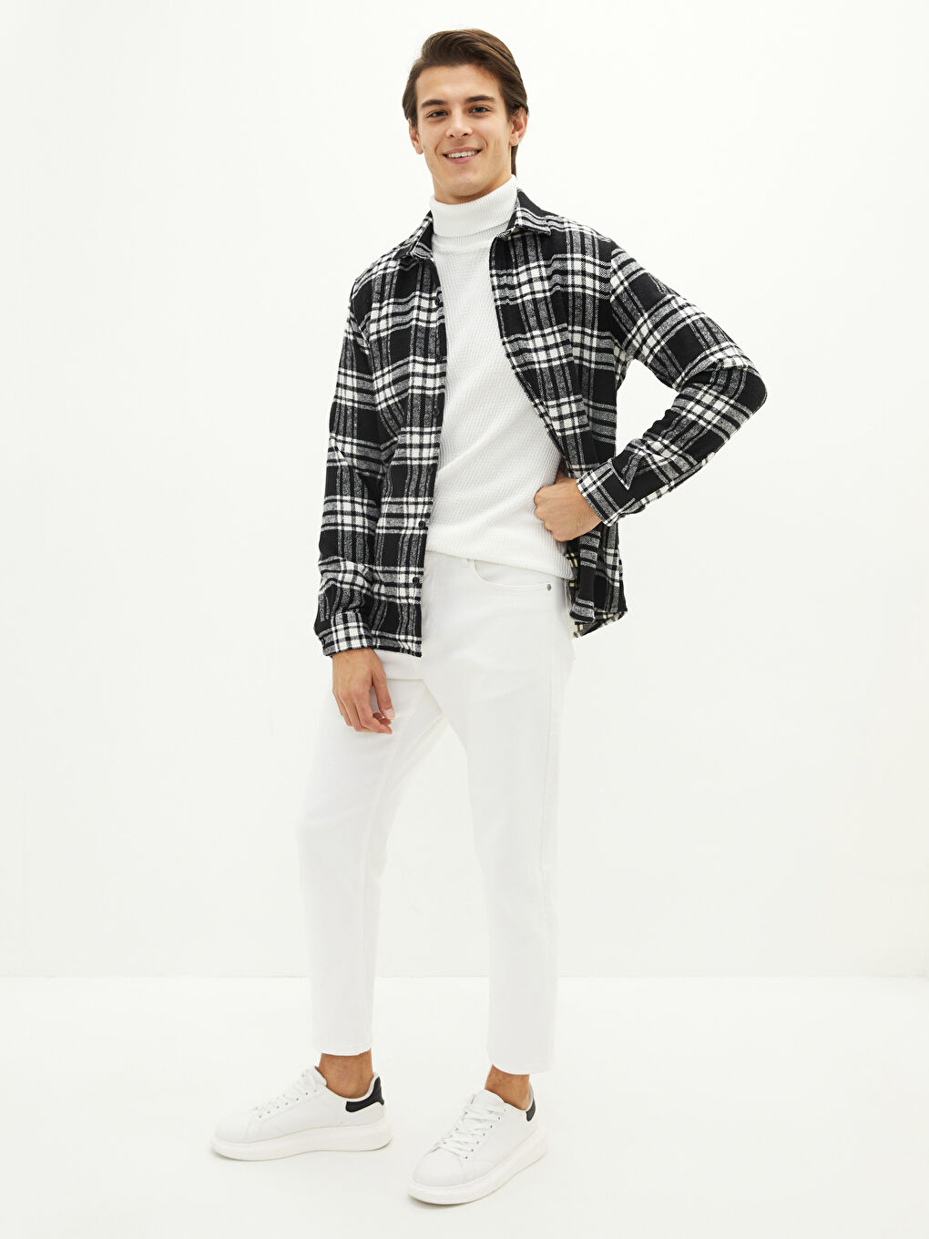 Beyaz Slim Fit Uzun Kollu Ekose Erkek Oduncu Gömlek-2