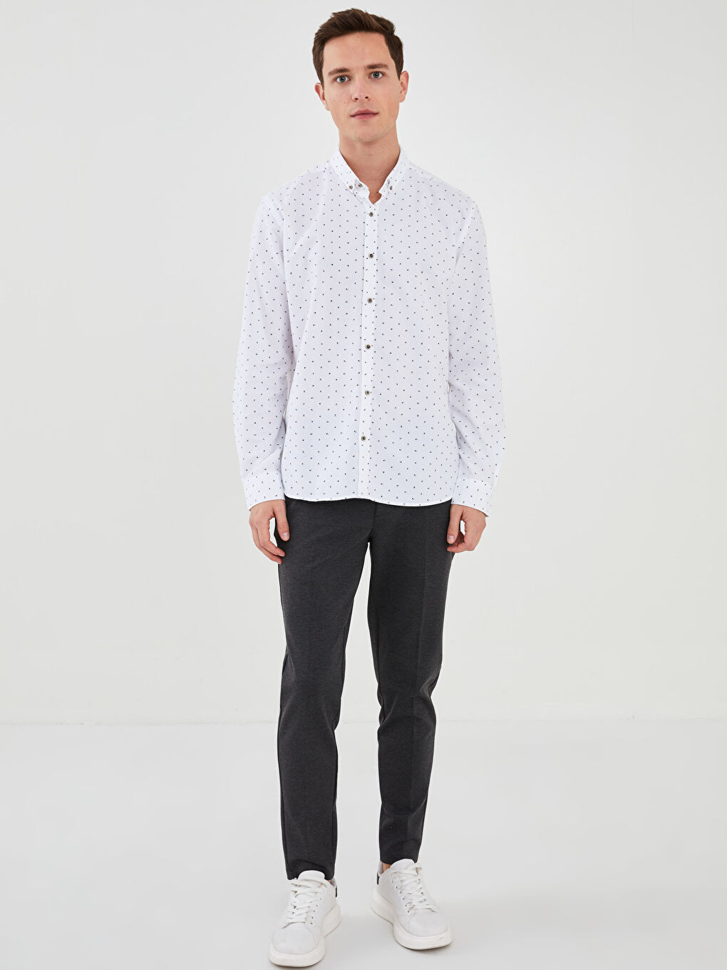 قميص رجالي كم طويل بنقشة بقصة رفيعة-2