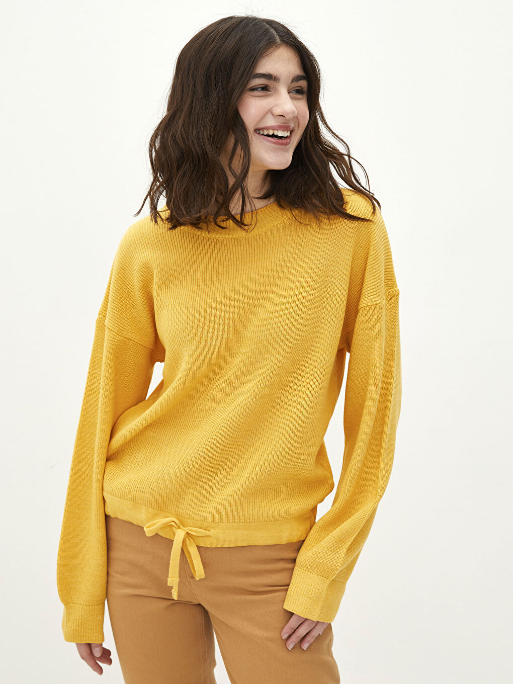 Sarı Bisiklet Yaka Düz Uzun Kollu Kadın Triko Kazak