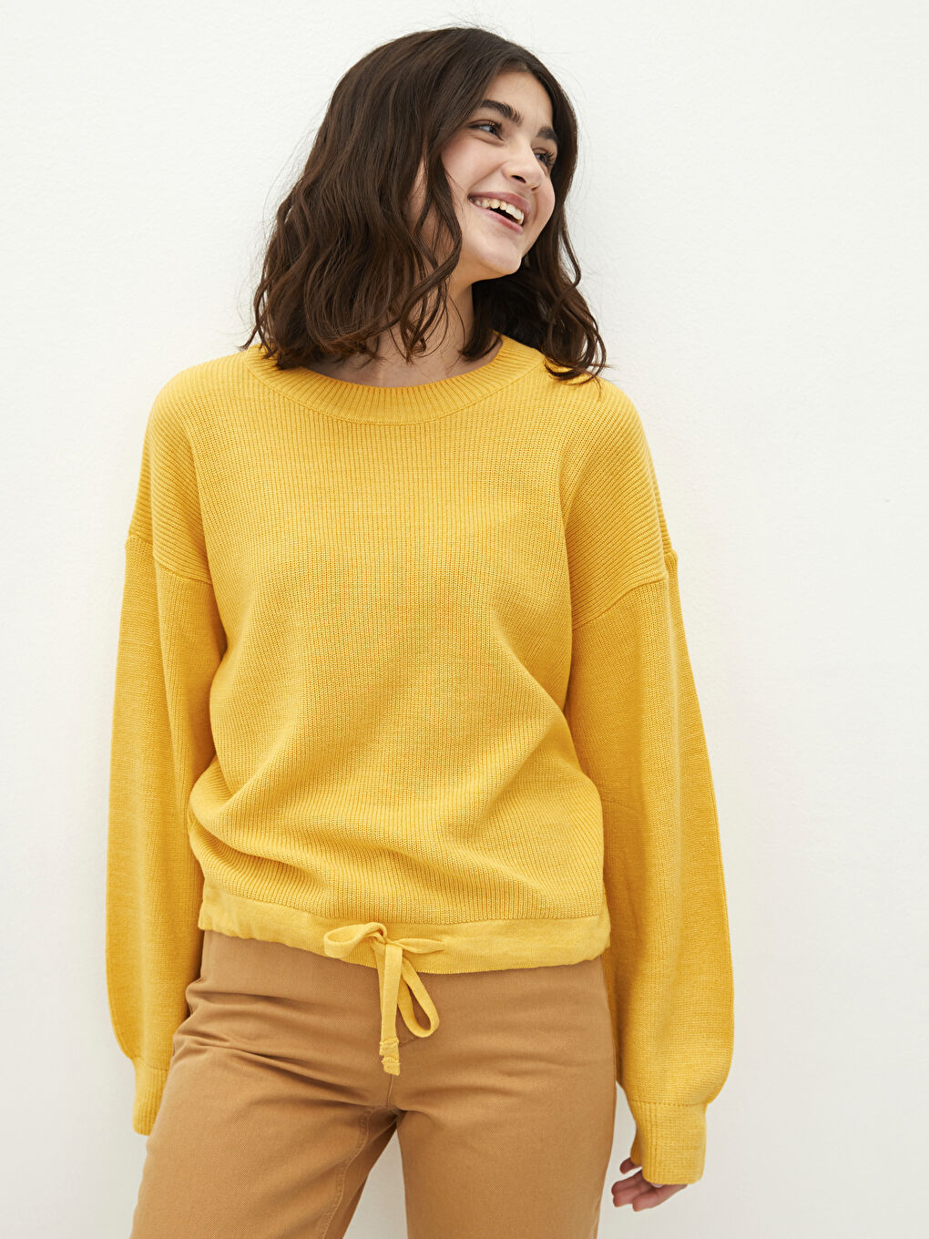 Sarı Bisiklet Yaka Düz Uzun Kollu Kadın Triko Kazak-1