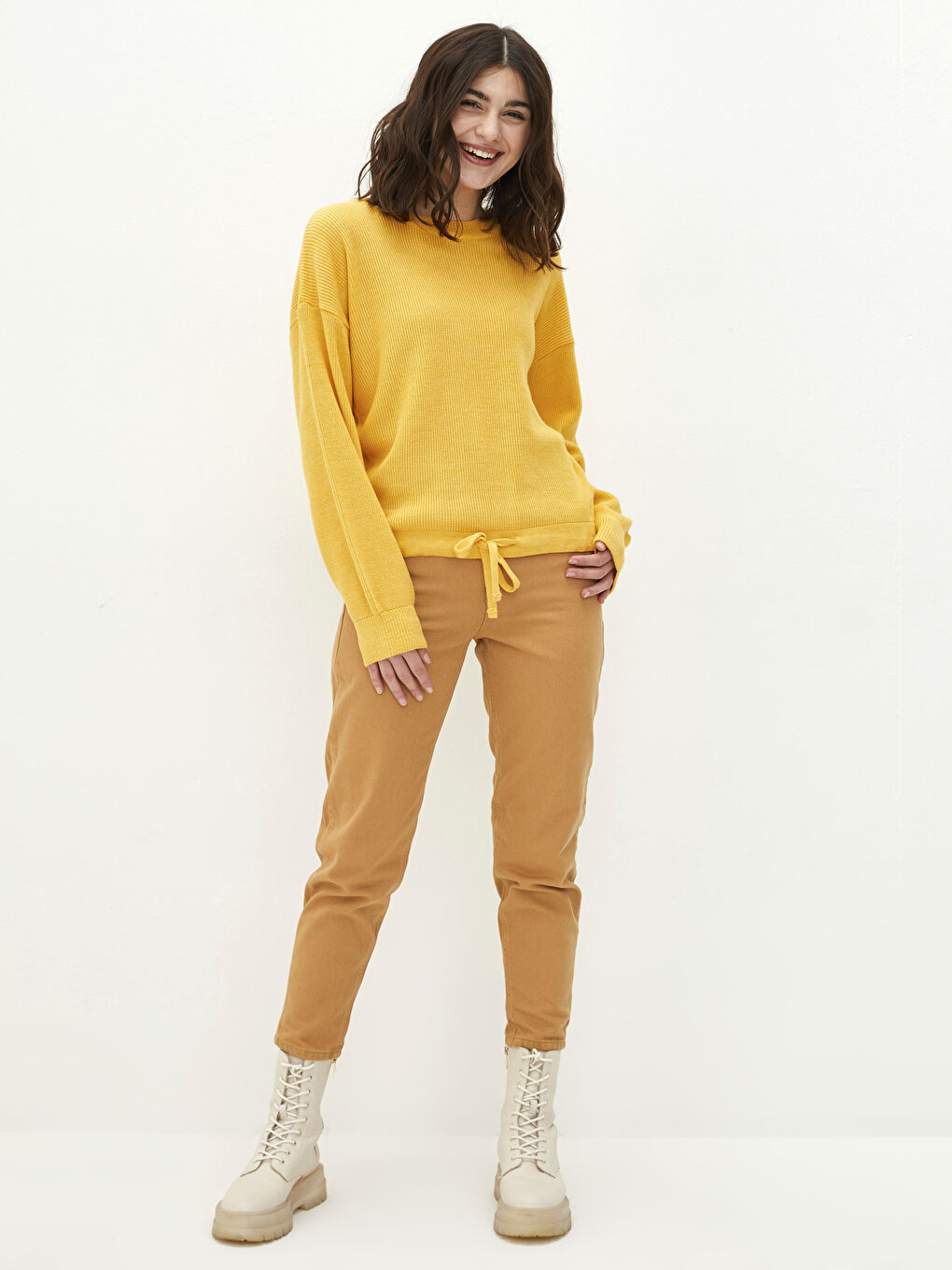 Sarı Bisiklet Yaka Düz Uzun Kollu Kadın Triko Kazak-2