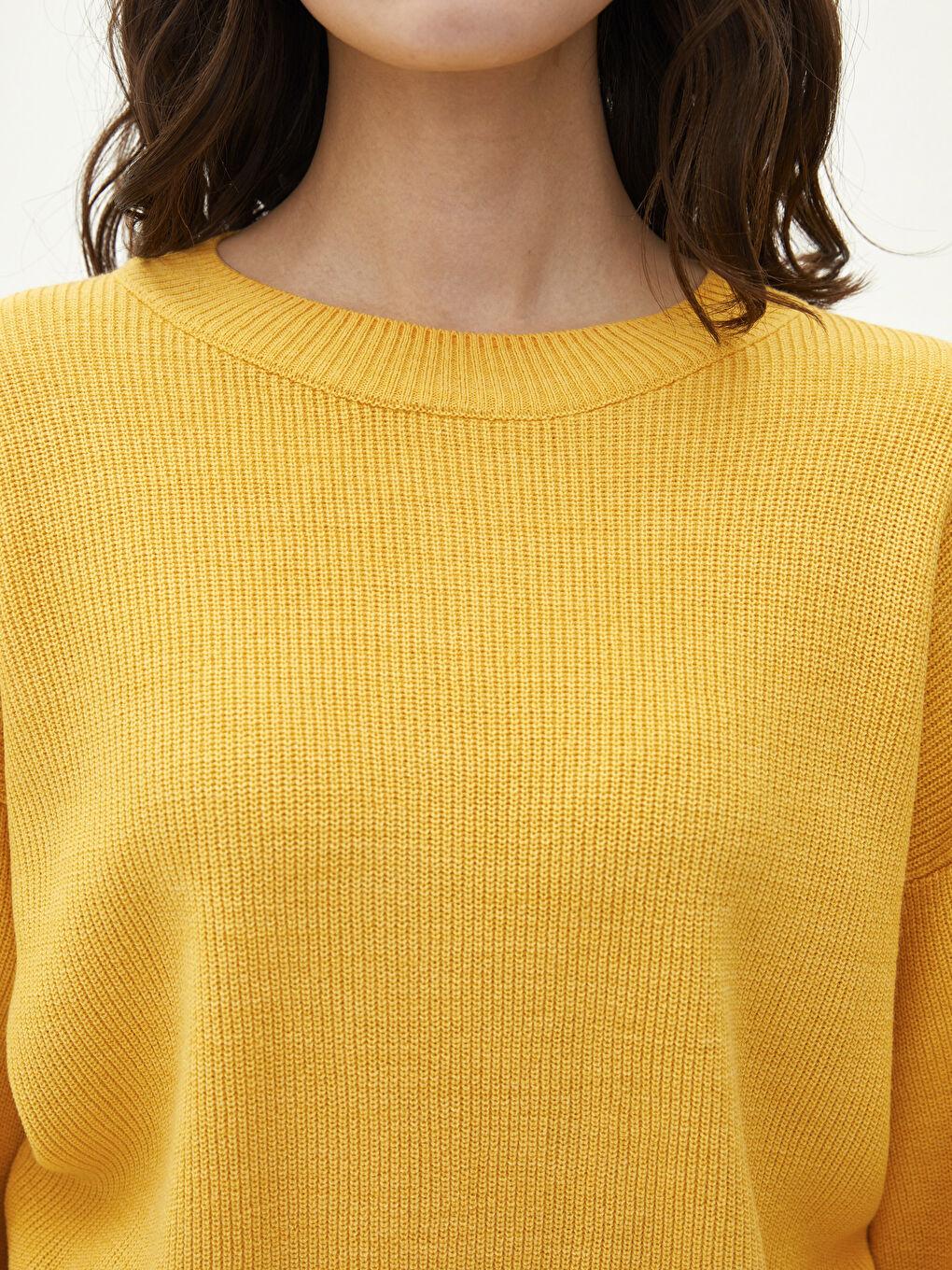 Sarı Bisiklet Yaka Düz Uzun Kollu Kadın Triko Kazak-3