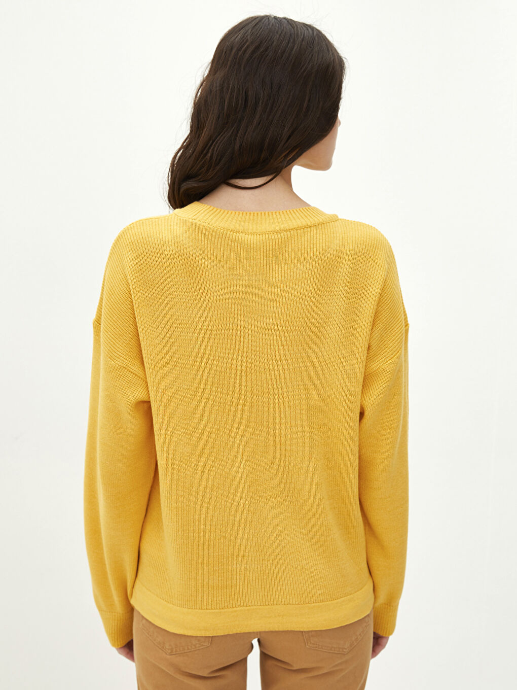 Sarı Bisiklet Yaka Düz Uzun Kollu Kadın Triko Kazak-4