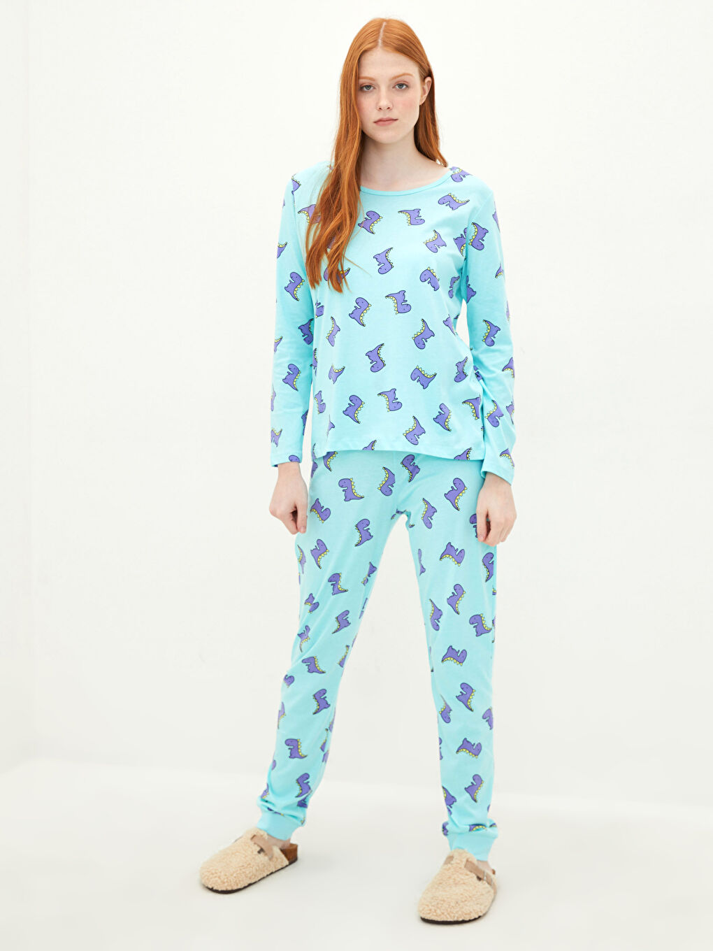 طقم بيجامة قطن كم طويل منقوش بياقة دائرية للسيدات-2