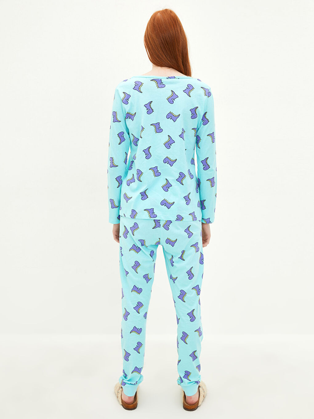 طقم بيجامة قطن كم طويل منقوش بياقة دائرية للسيدات-4