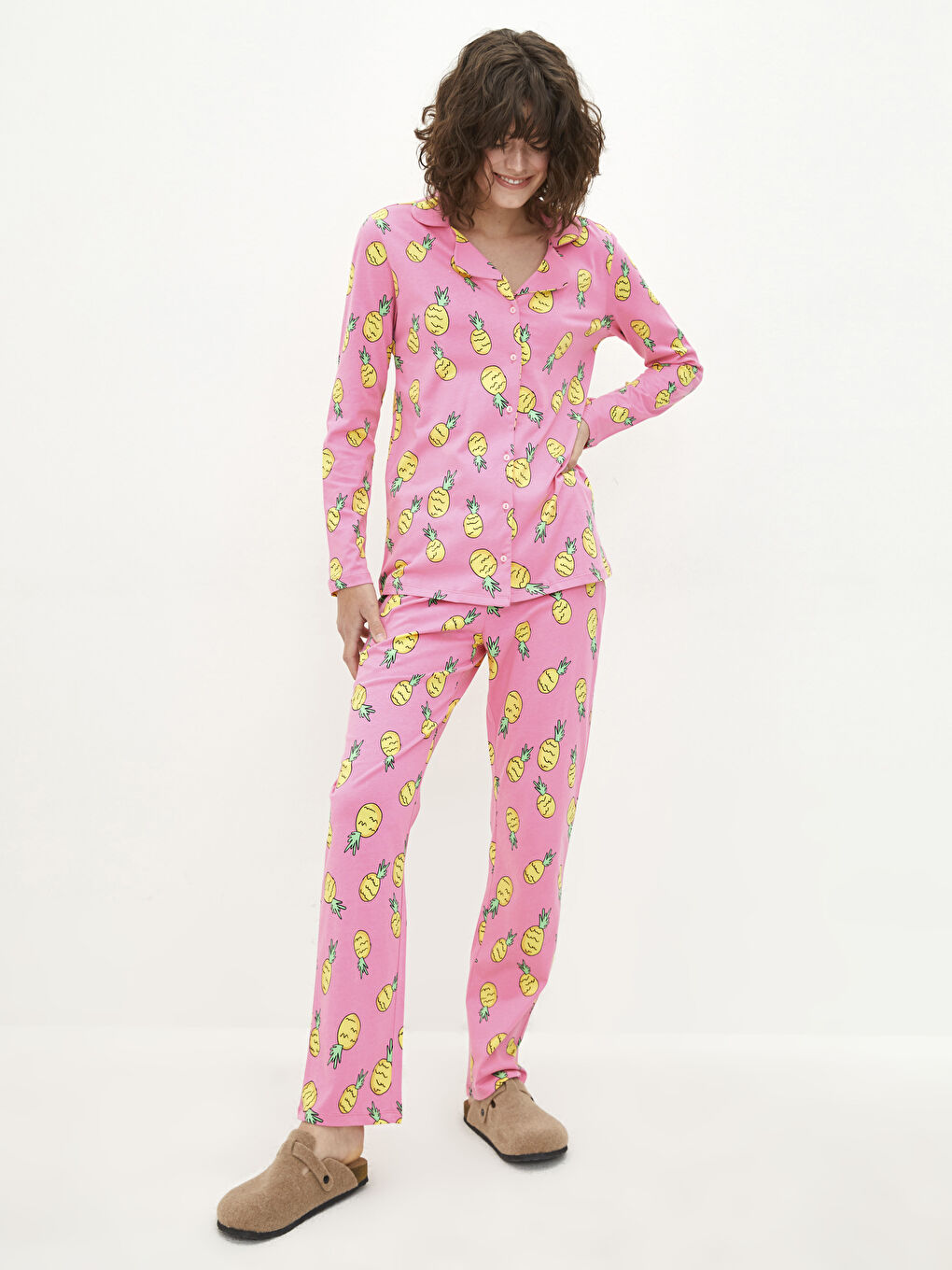 Shirt Neck Patterned Long Sleeve Cotton Women's Pajama Set -W1IJ52Z8-LT9