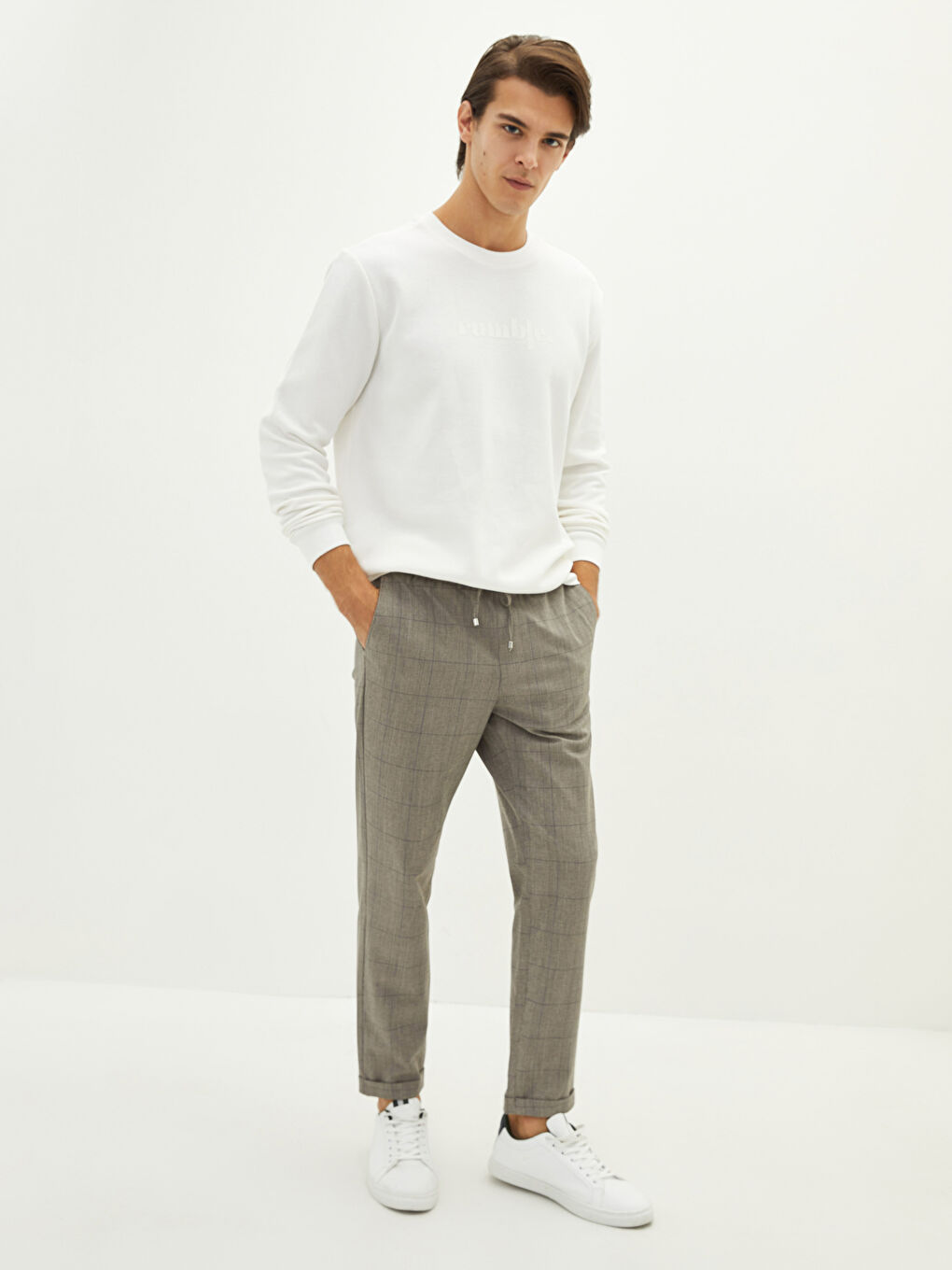 Kahverengi Slim Fit Ekose Erkek Pantolon