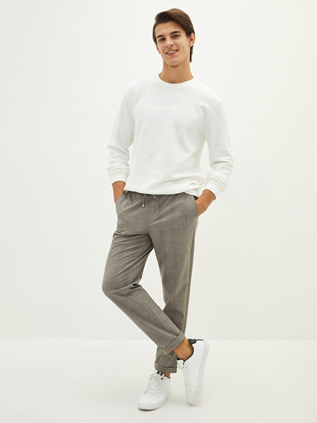 Kahverengi Slim Fit Ekose Erkek Pantolon-1