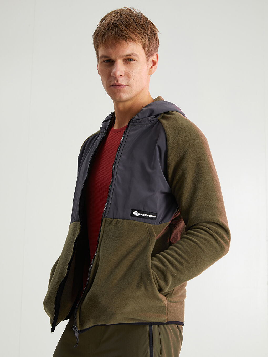 Haki Standart Kalıp Kapüşonlu Erkek Spor Hırka-1