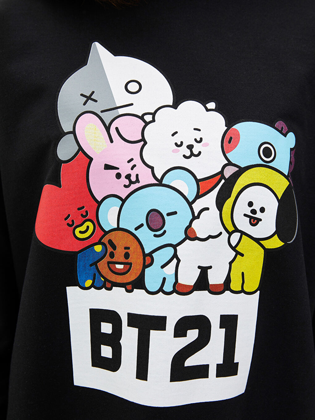 Siyah Bisiklet Yaka BT21 Baskılı Uzun Kollu Kadın Sweatshirt-2