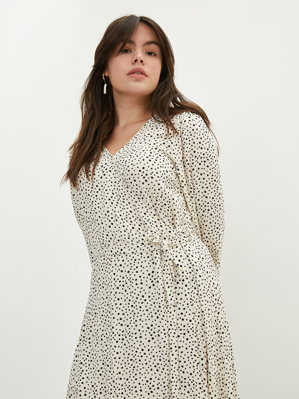 LC WAIKIKI Large Size Double Breasted Collar Patterned Long Sleeve Viscose Women's Dress -W1IK52Z8-LQB