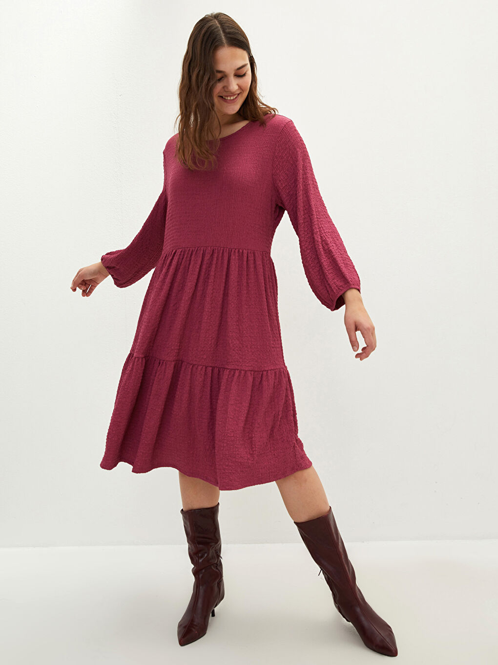 فستان نسائي مقاس كبير بياقة دائرية وأكمام طويلة عادي-1