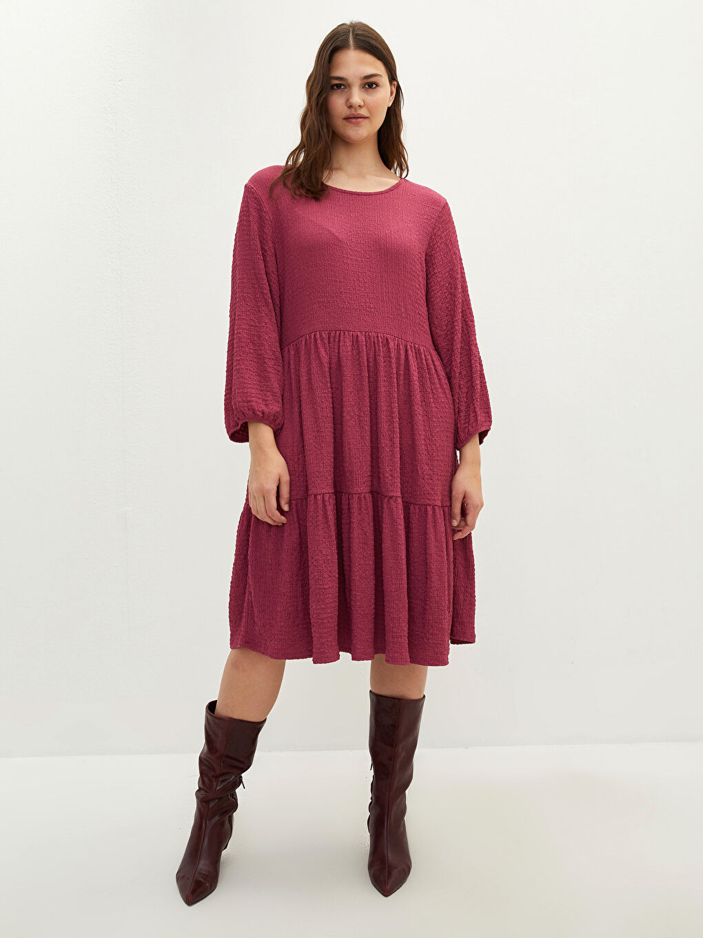 فستان نسائي مقاس كبير بياقة دائرية وأكمام طويلة عادي-3