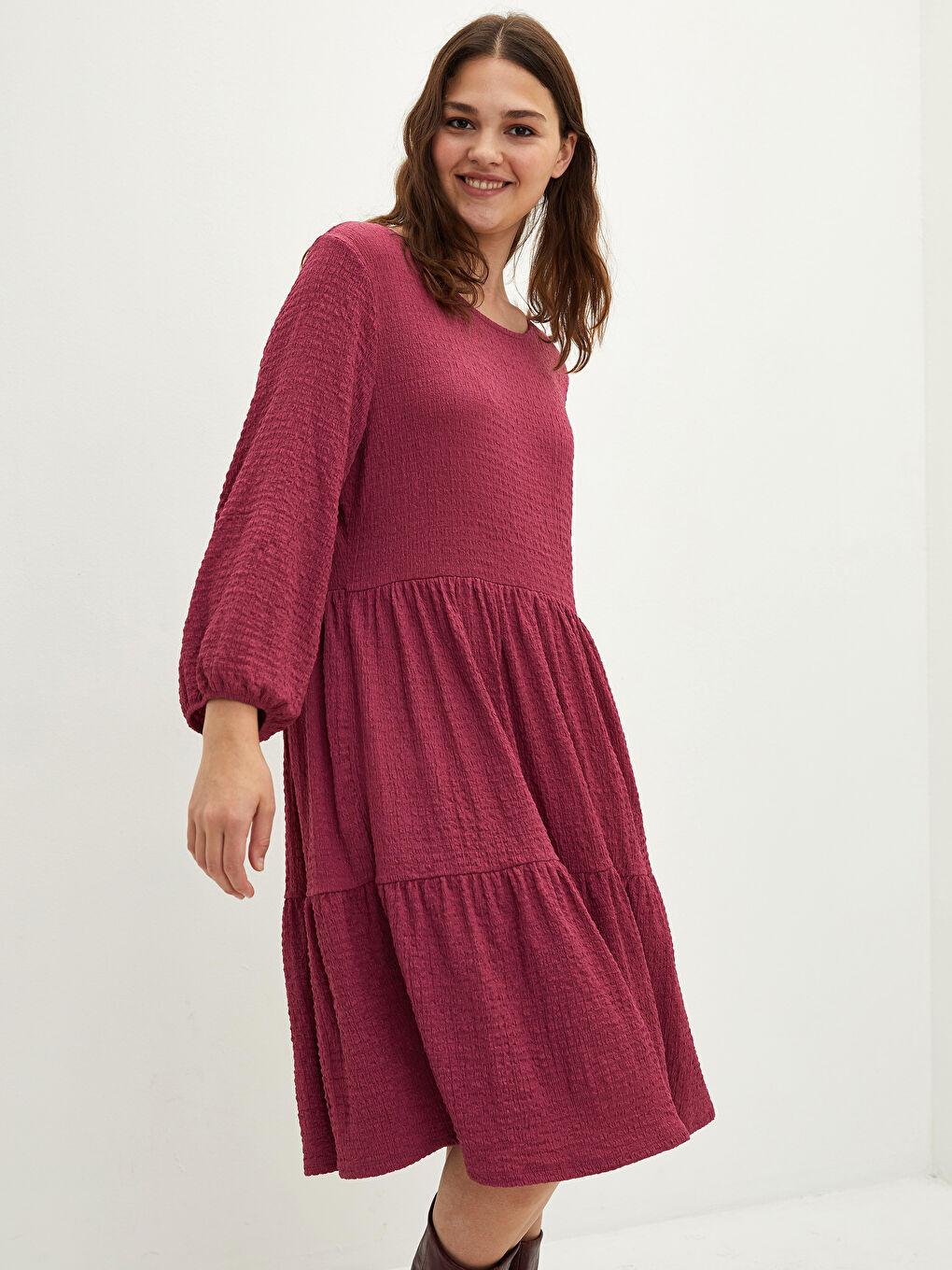 فستان نسائي مقاس كبير بياقة دائرية وأكمام طويلة عادي-5