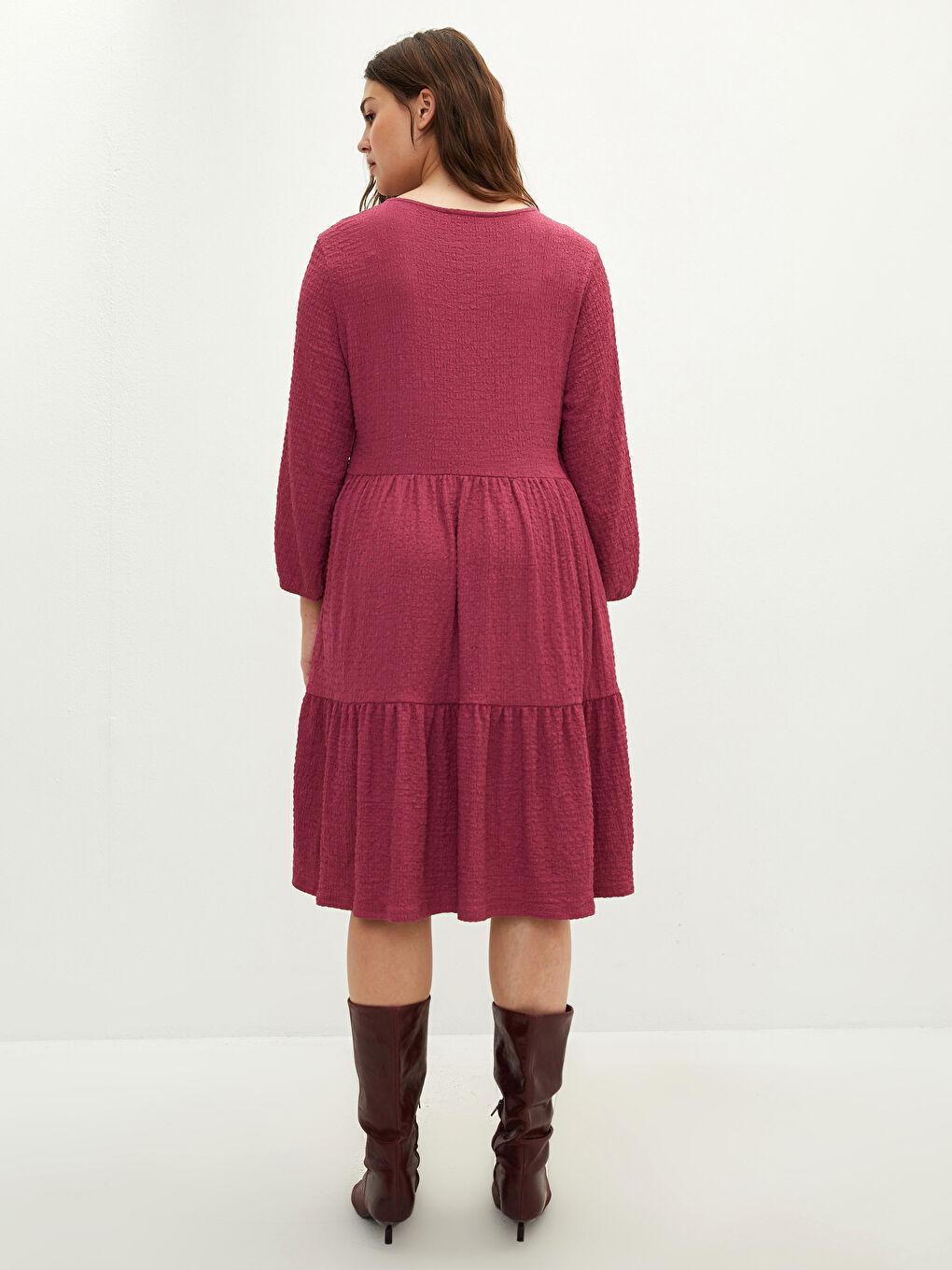 فستان نسائي مقاس كبير بياقة دائرية وأكمام طويلة عادي-7