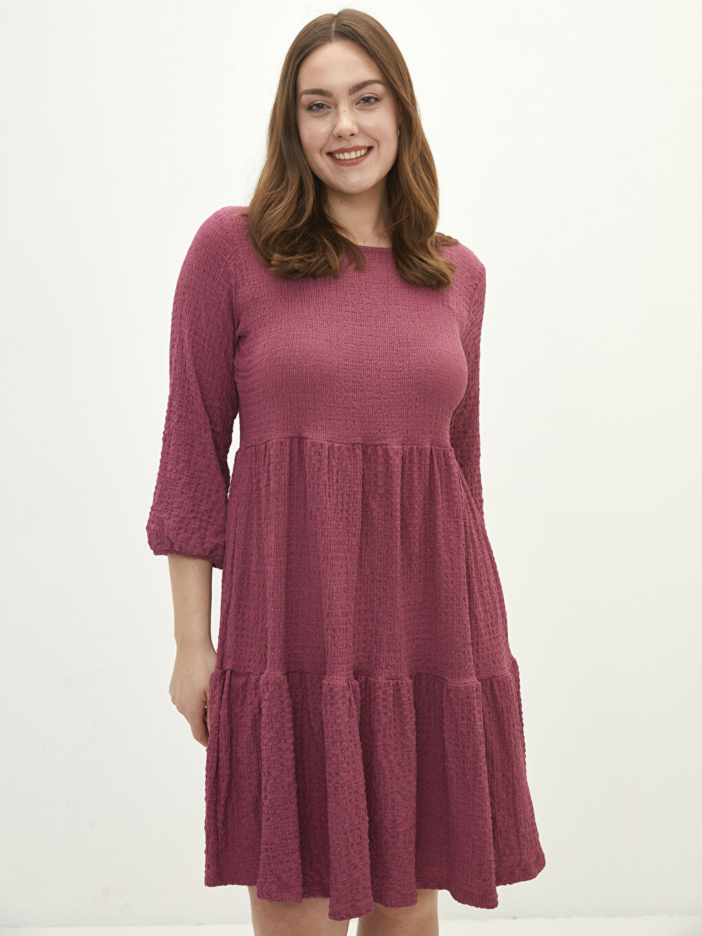 فستان نسائي مقاس كبير بياقة دائرية وأكمام طويلة عادي-2