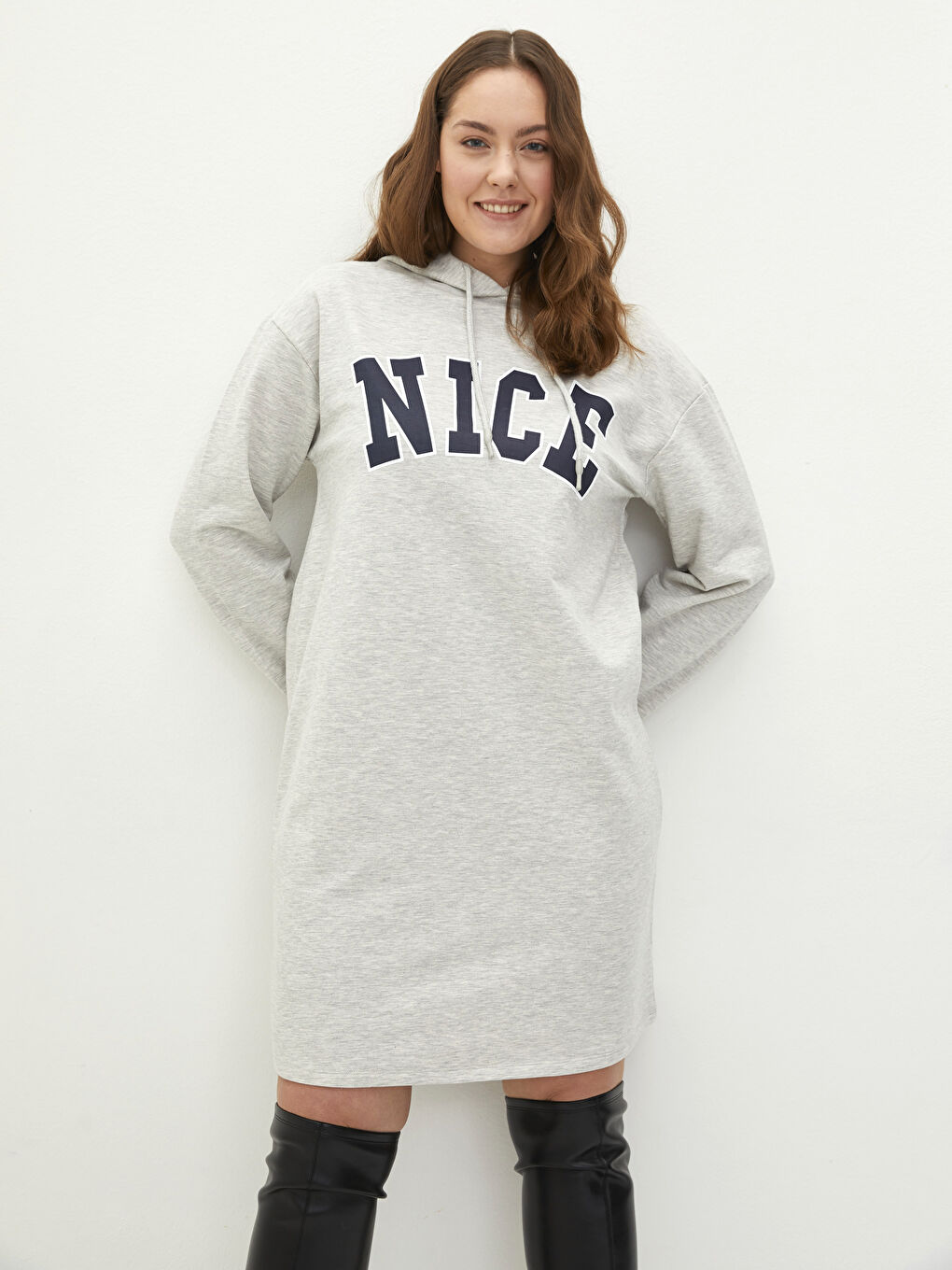 Plus Size Hooded Letter Printed Long Sleeve Women's Dress -W1IK58Z8-CT3