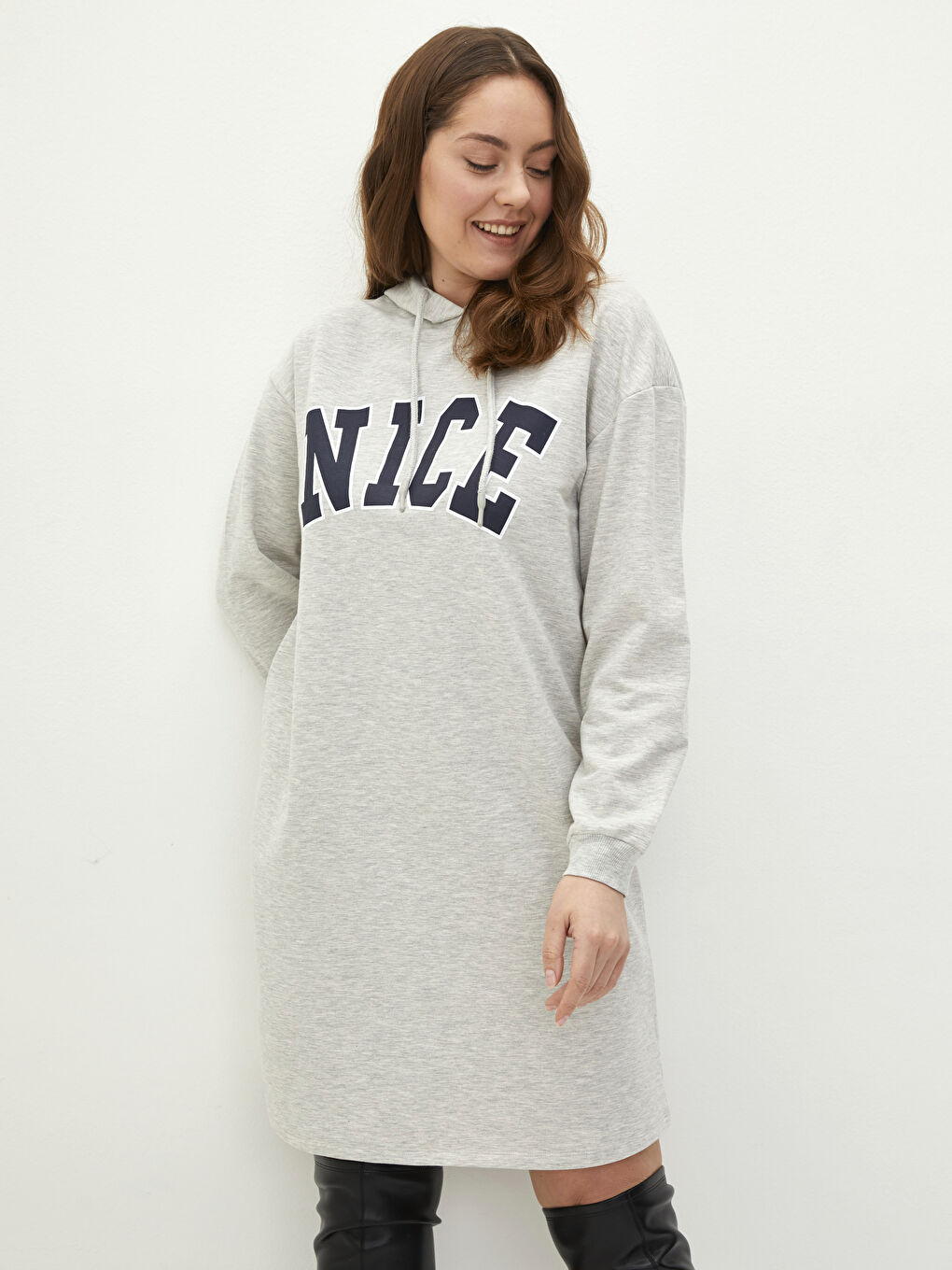 Plus Size Hooded Letter Printed Long Sleeve Women's Dress -W1IK58Z8-CT3