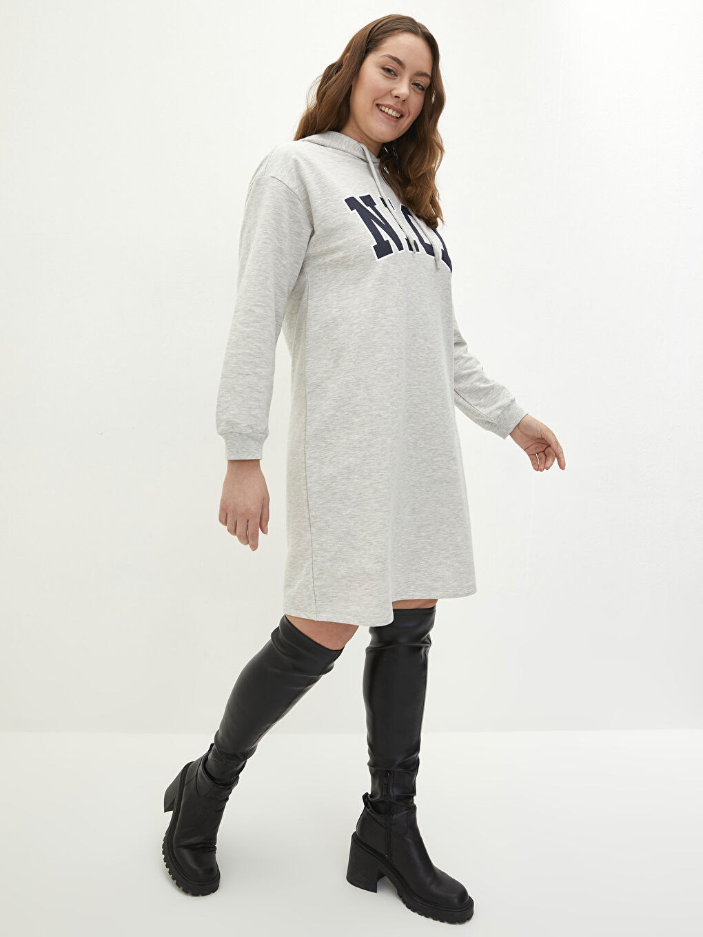 Plus Size Hooded Letter Printed Long Sleeve Women's Dress -W1IK58Z8-CT3