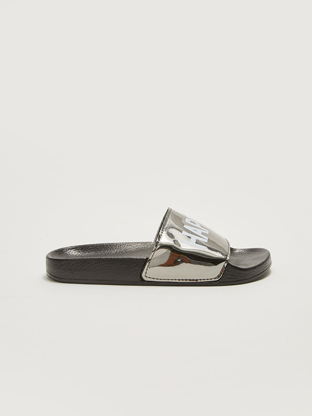 Siyah Slogan Baskılı Tek Bantlı Kadın Terlik-1