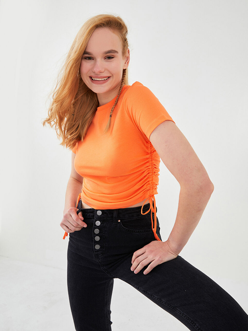 Turuncu Bisiklet Yaka Düz Kısa Kollu Kadın Crop-2