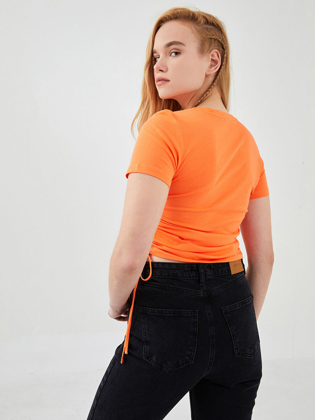 Turuncu Bisiklet Yaka Düz Kısa Kollu Kadın Crop-5