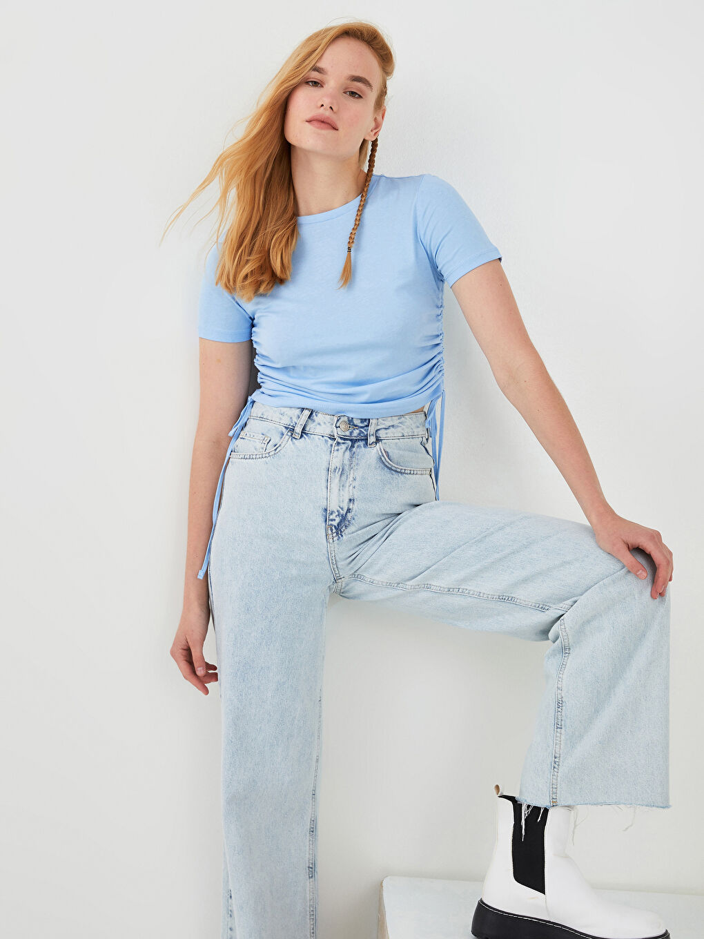 Lila Bisiklet Yaka Düz Kısa Kollu Kadın Crop