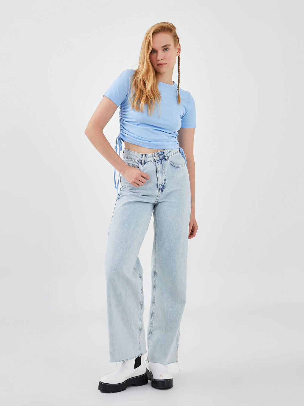 Lila Bisiklet Yaka Düz Kısa Kollu Kadın Crop-3