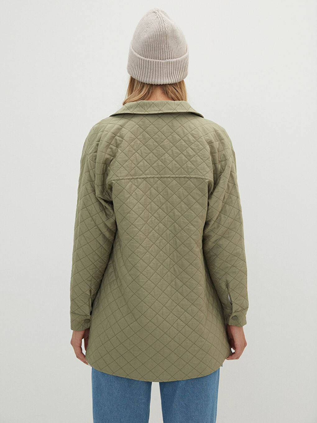 Haki Önden Çıt Çıt Kapamalı Kapitone Desenli Uzun Kollu Kadın Mont-5