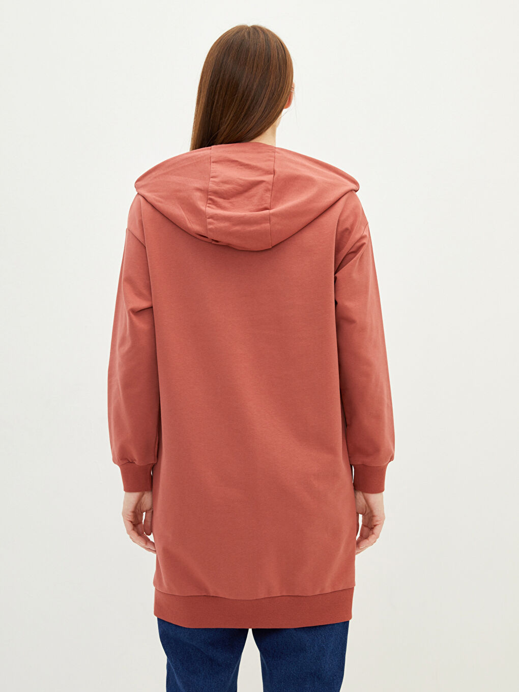 Kırmızı Kapüşonlu Düz Uzun Kollu Kadın Hırka-3