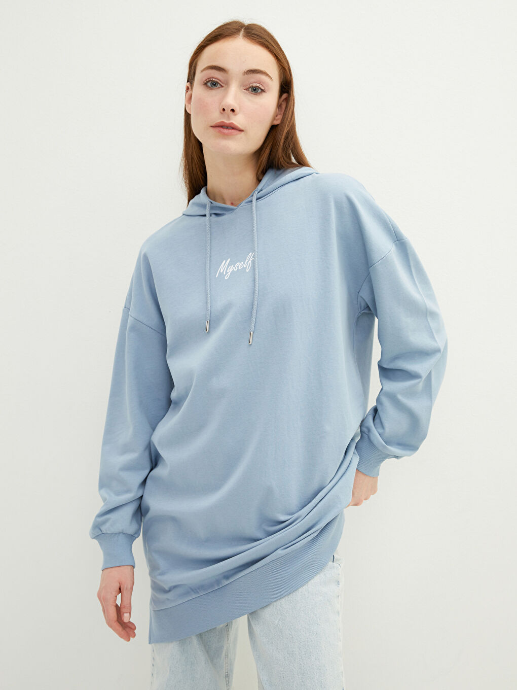 LCW Modest Hooded Slogan Printed Long Sleeve Women's Sweatshirt Tunic -W1IL02Z8-S0M