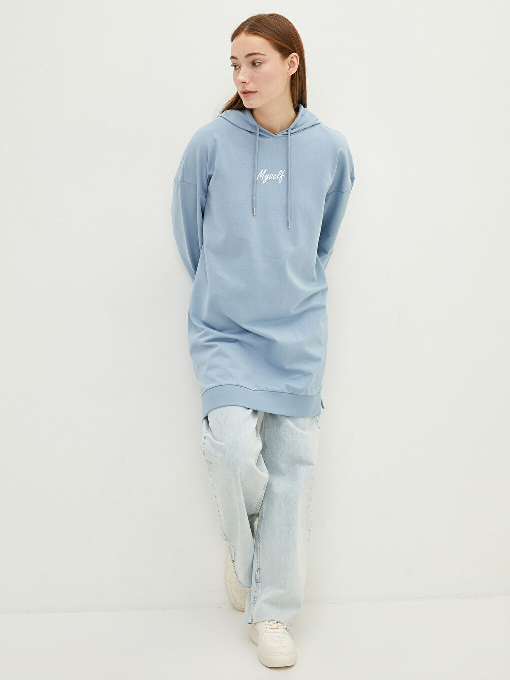 LCW Modest Hooded Slogan Printed Long Sleeve Women's Sweatshirt Tunic -W1IL02Z8-S0M