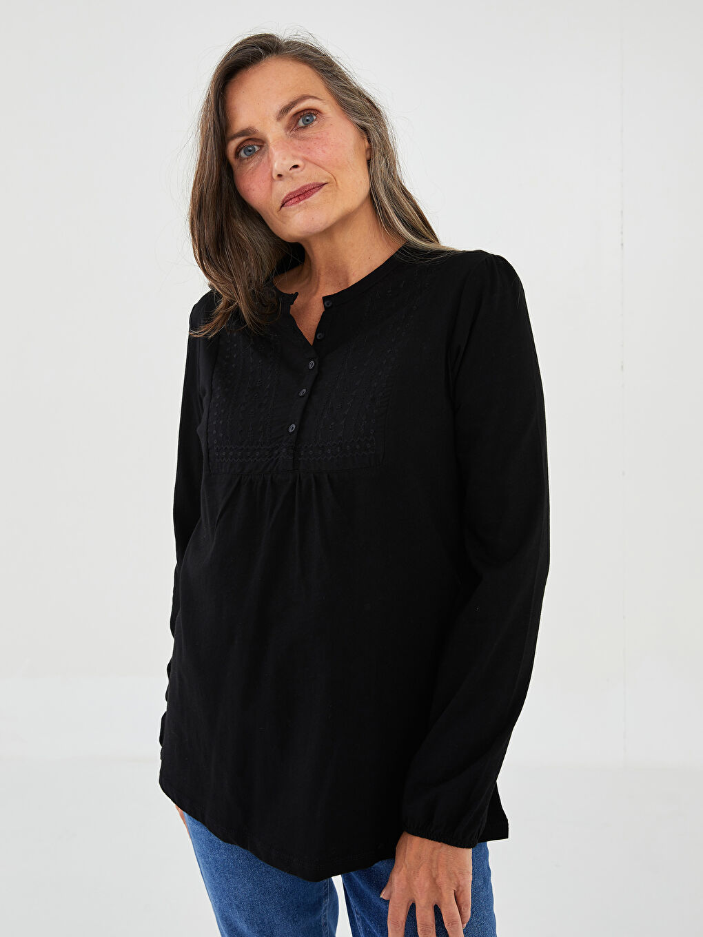 Crew Neck Embroidered Long Sleeve Cotton Women's Blouse-2