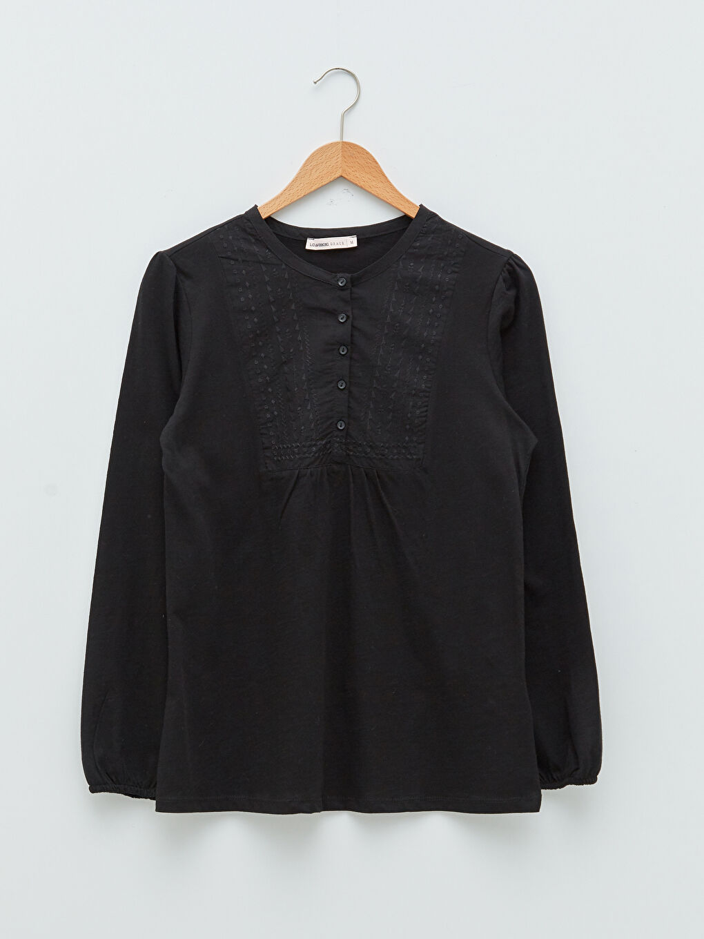 Crew Neck Embroidered Long Sleeve Cotton Women's Blouse-6