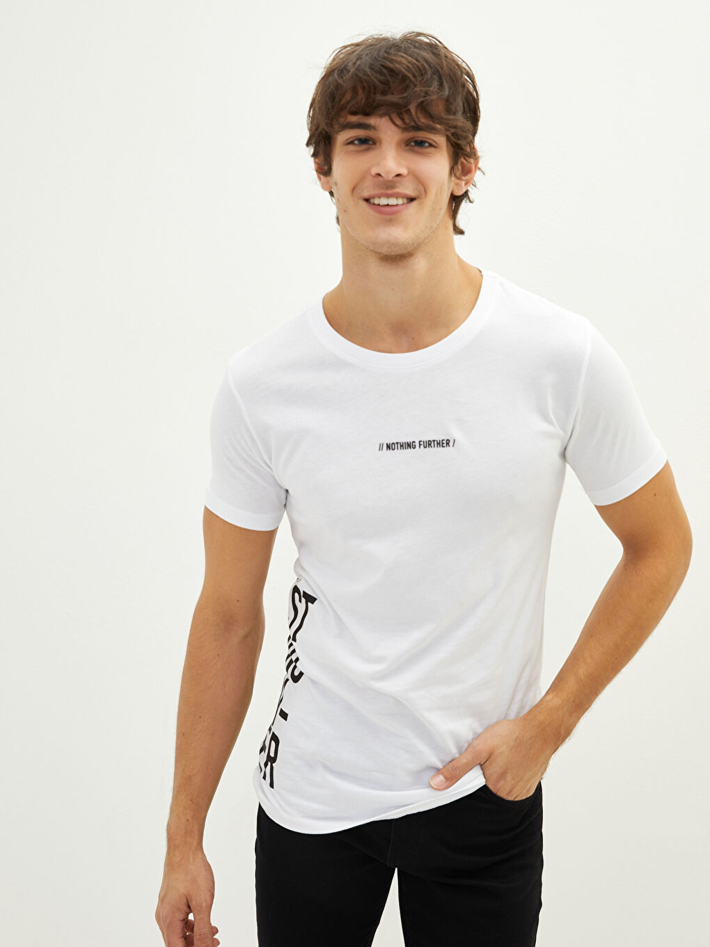 Beyaz Oversize Bisiklet Yaka Kısa Kollu Baskılı Penye Erkek Tişört-1