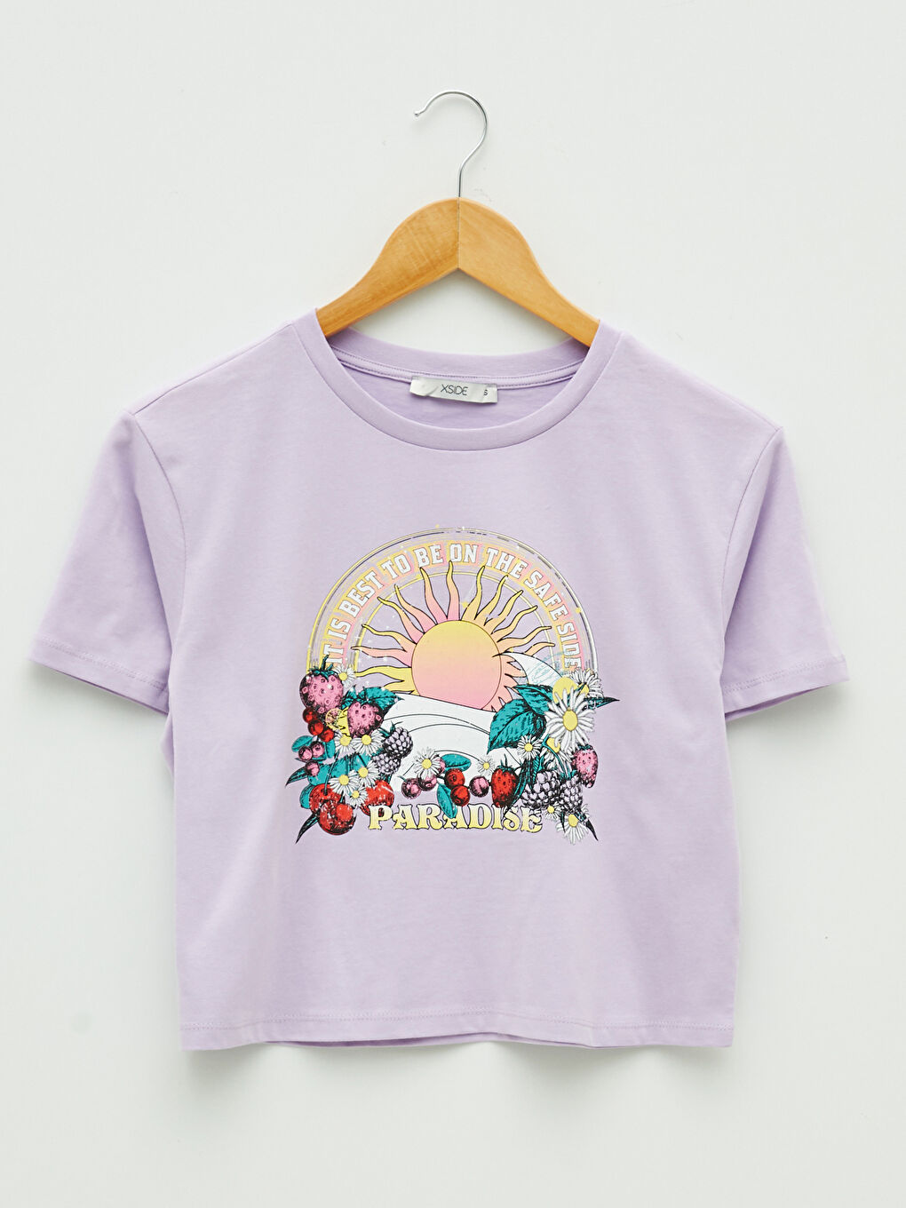 Lila Bisiklet Yaka Baskılı Kısa Kollu Pamuklu Crop Kadın Tişört-5