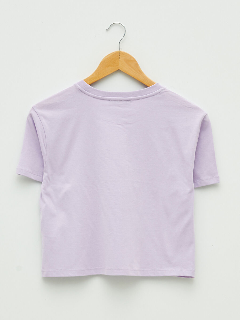 Lila Bisiklet Yaka Baskılı Kısa Kollu Pamuklu Crop Kadın Tişört-6