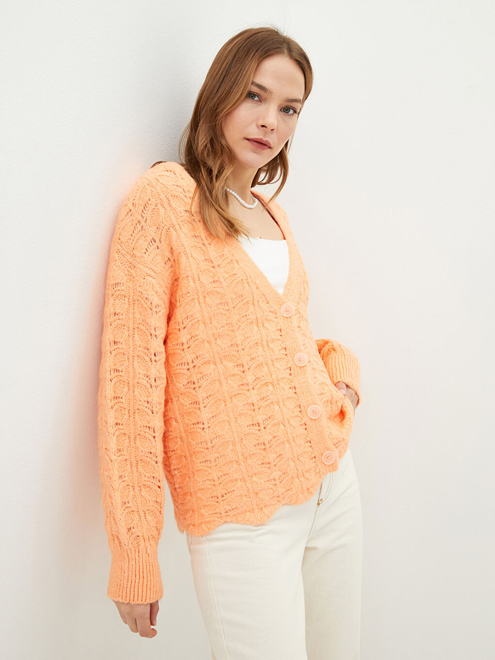V-Neck Hole-Knitted Long Sleeve Women's Knitwear Cardigan