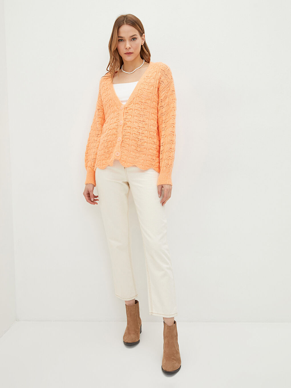 V-Neck Hole-Knitted Long Sleeve Women's Knitwear Cardigan-1