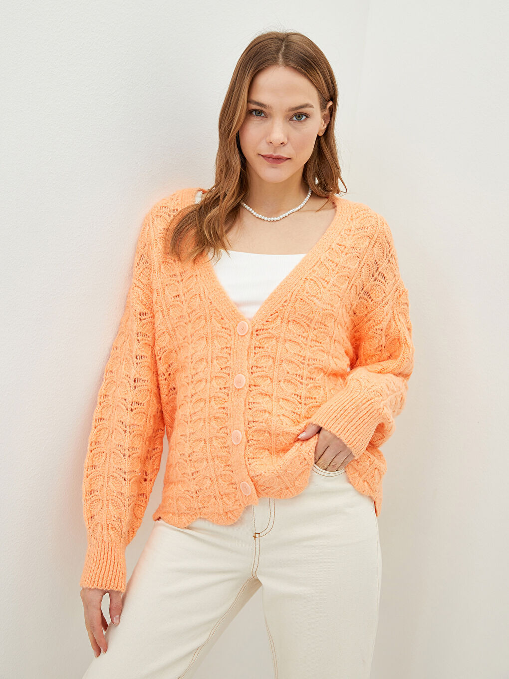 V-Neck Hole-Knitted Long Sleeve Women's Knitwear Cardigan-2