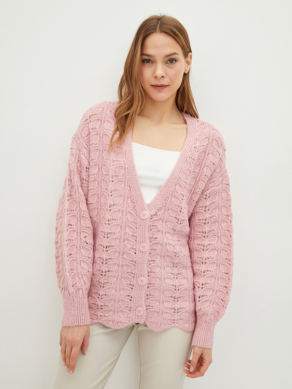 V-Neck Hole-Knitted Long Sleeve Women's Knitwear Cardigan