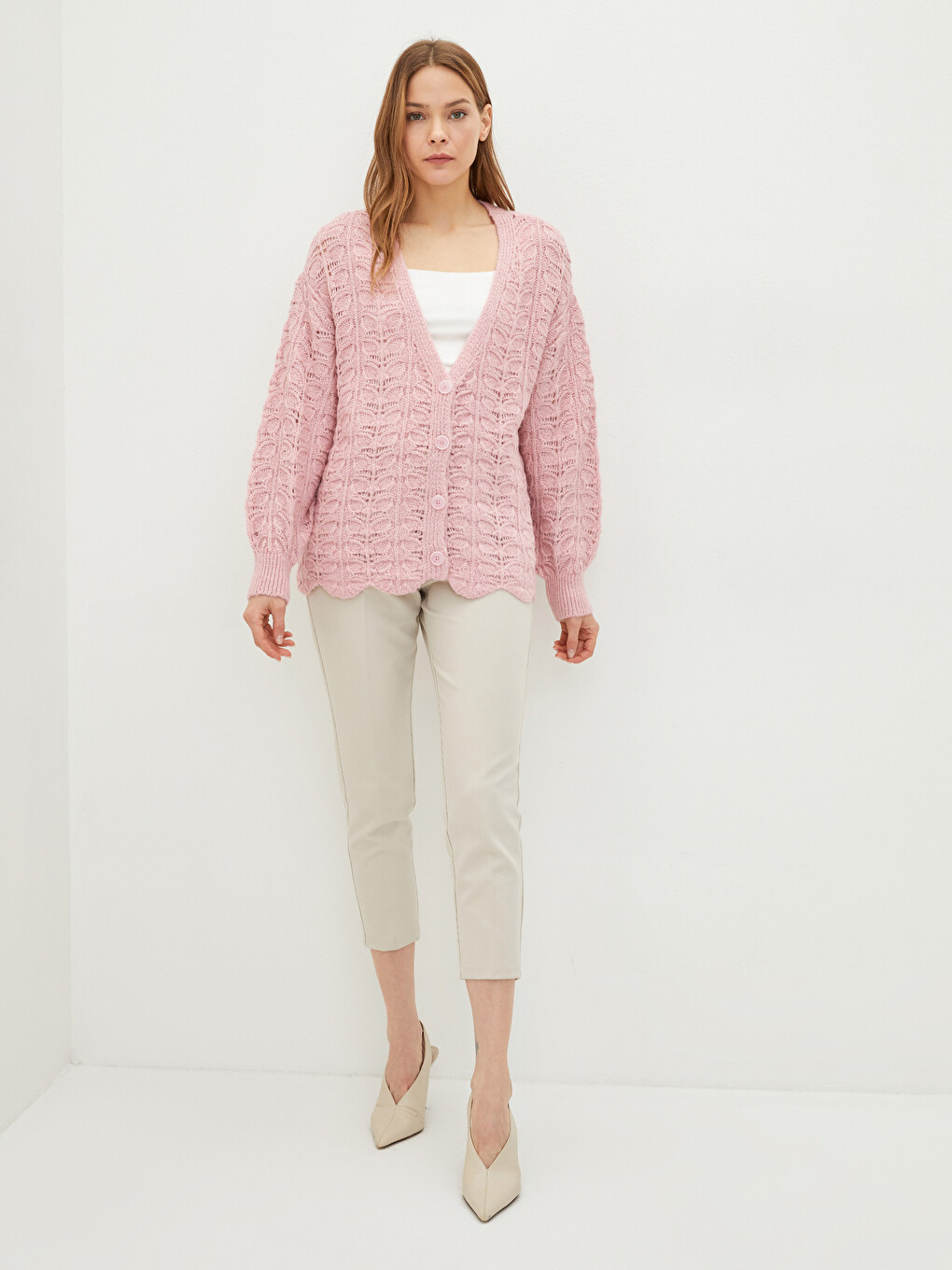 V-Neck Hole-Knitted Long Sleeve Women's Knitwear Cardigan-1
