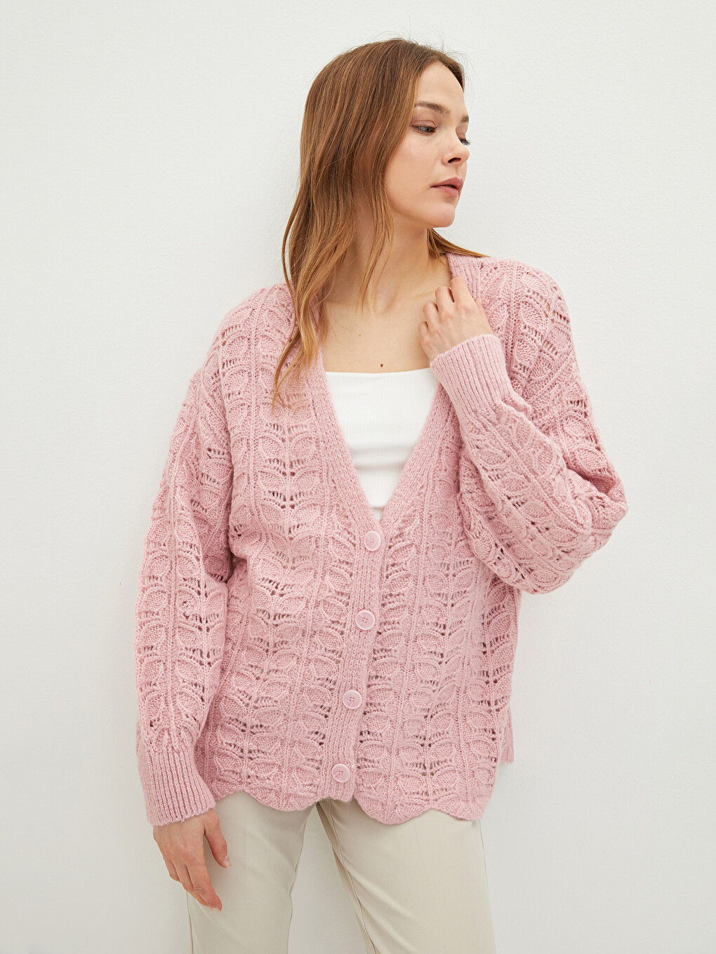 V-Neck Hole-Knitted Long Sleeve Women's Knitwear Cardigan-2