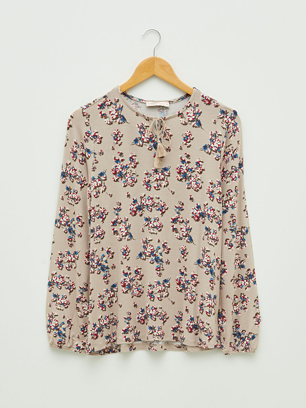 Kahverengi Bağlamalı Yaka Desenli Uzun Kollu Kadın Bluz-5