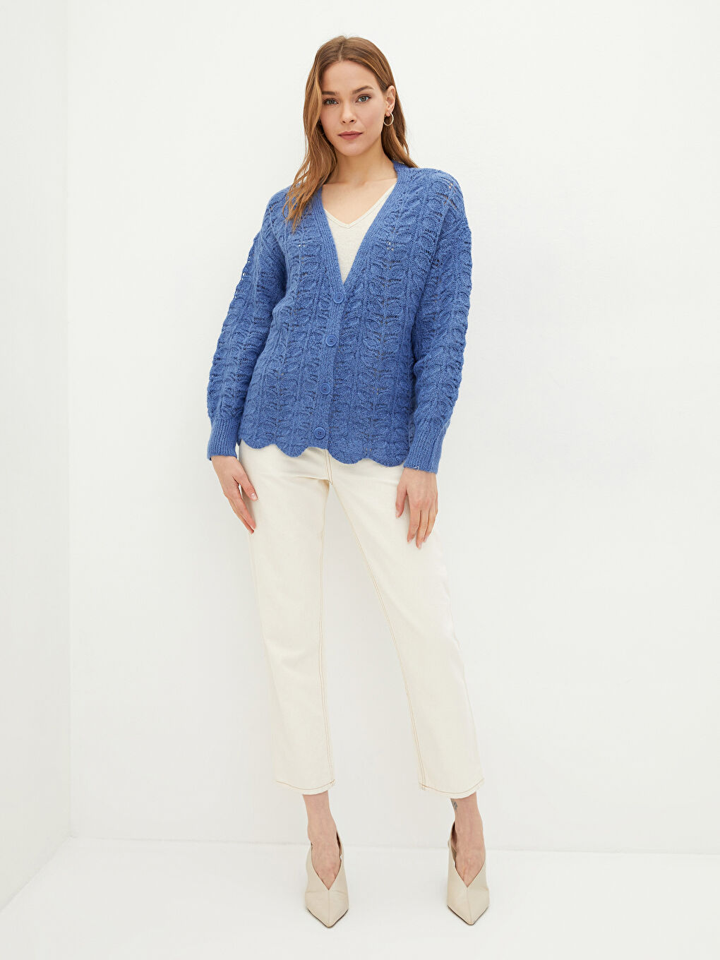V-Neck Hole-Knitted Long Sleeve Women's Knitwear Cardigan-1
